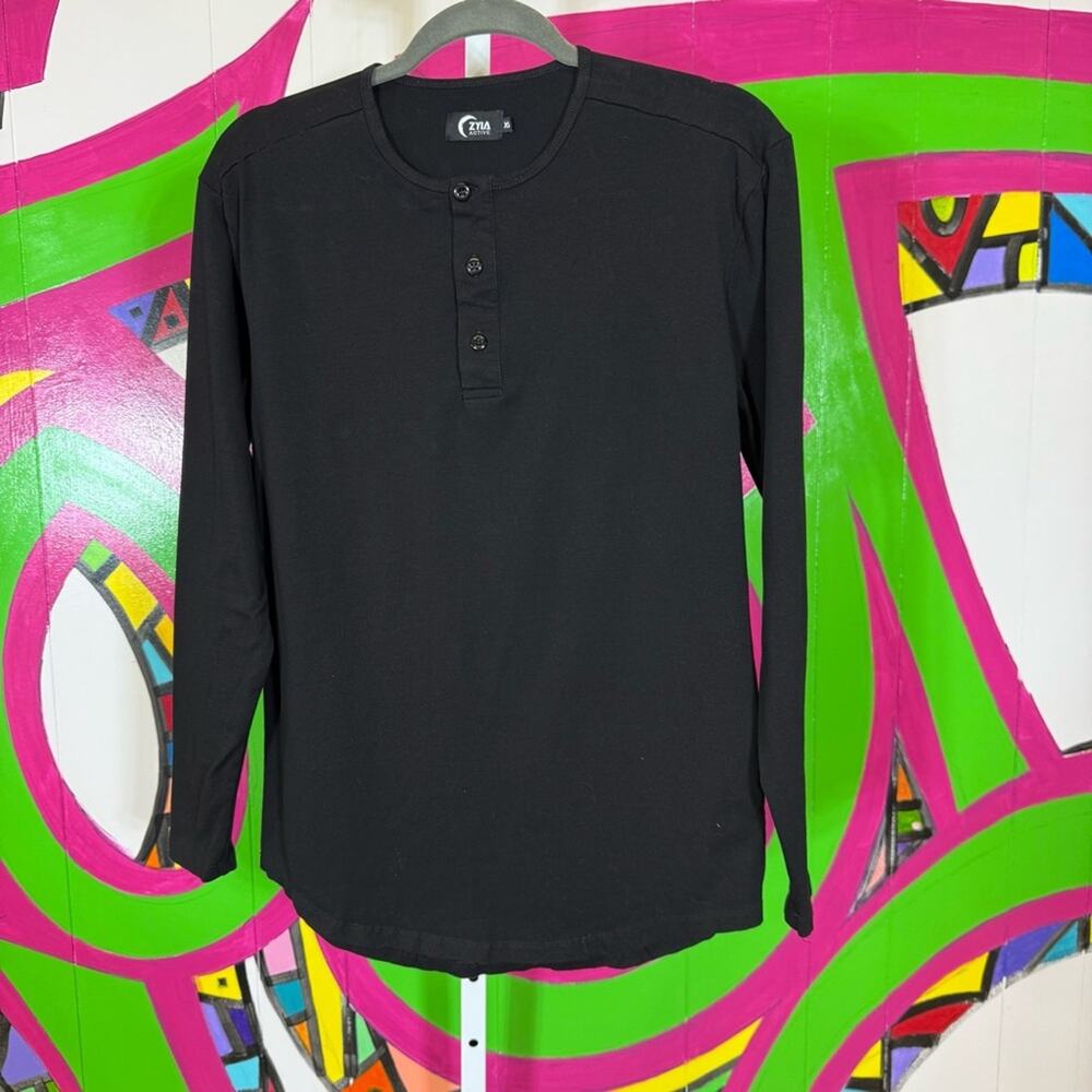 ZYIA Black Long Sleeve Henley Tee. Size XS. In excellent condition!